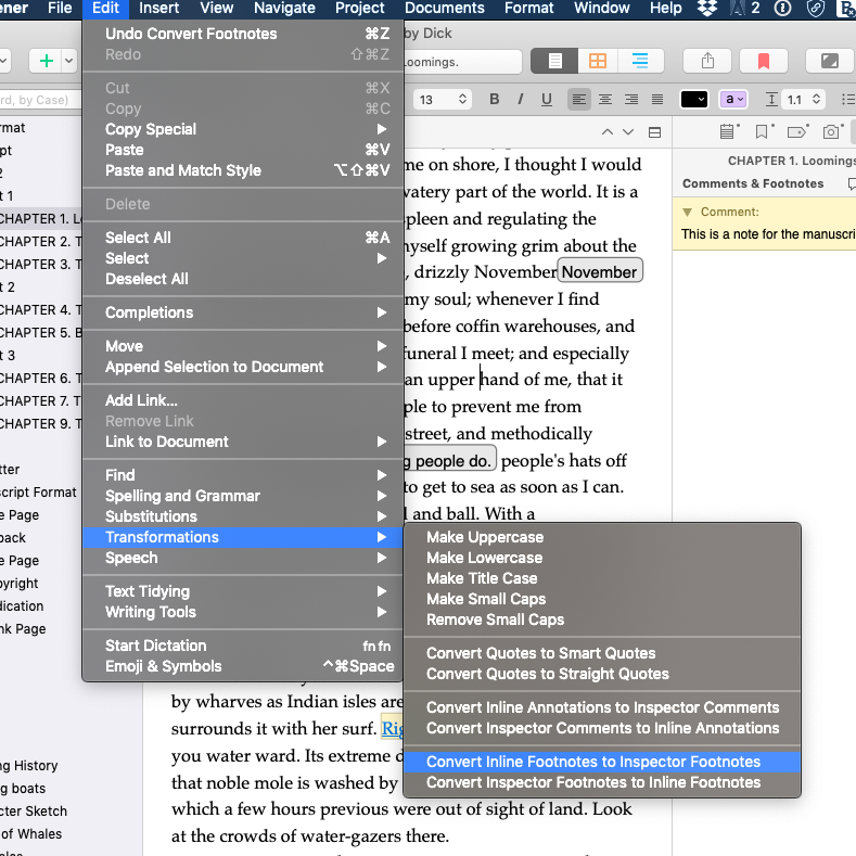 scrivener footnote endnote